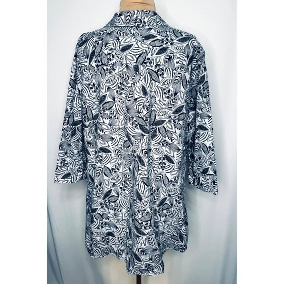 Foxcroft Faith Layered Leaves Button-Up Blouse Top 18W Black White Wrinkle-Free - Picture 8 of 14